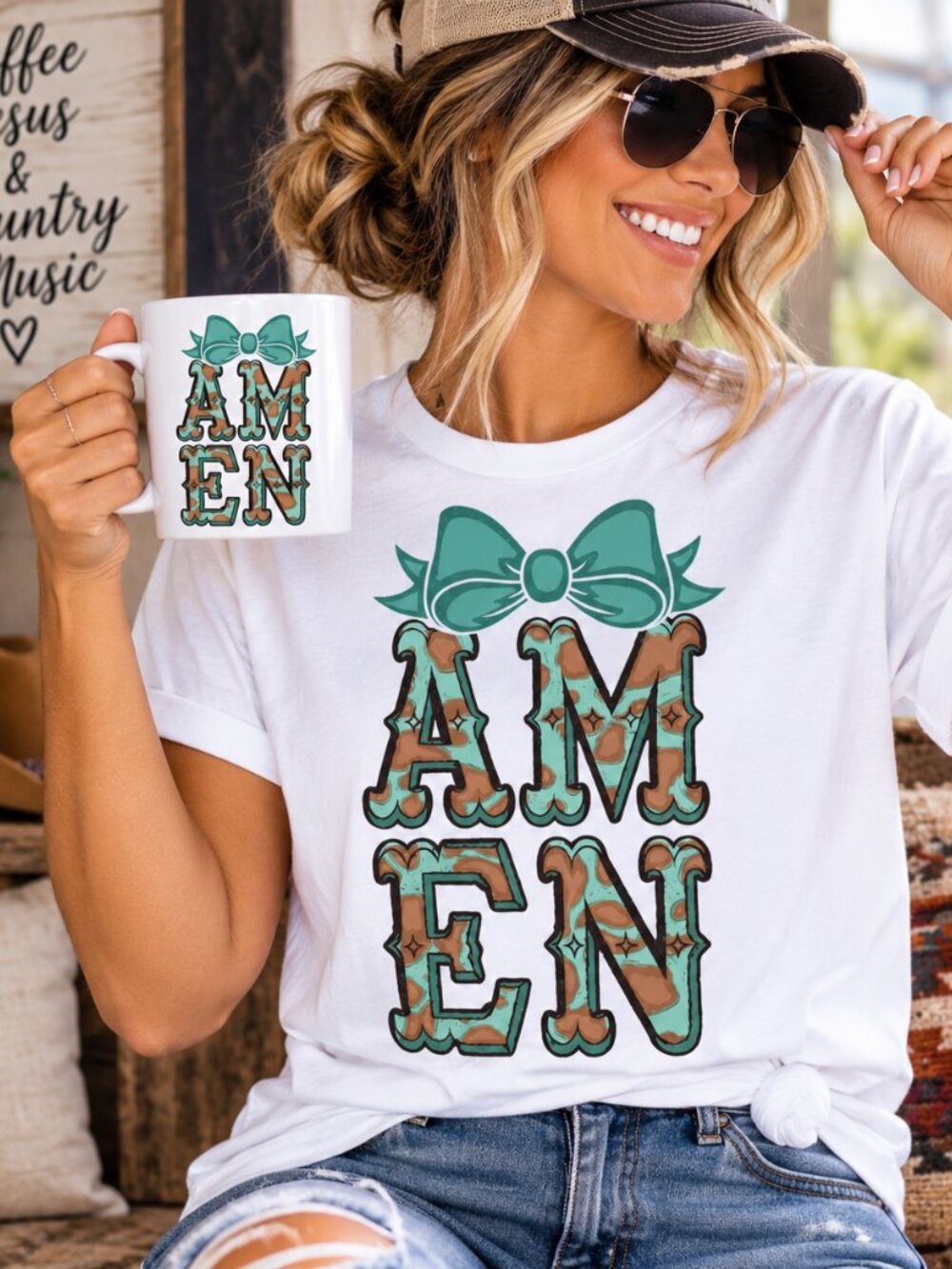 Amen Western Graphic Tee Coffee Mug Custom Matching Bundle Set